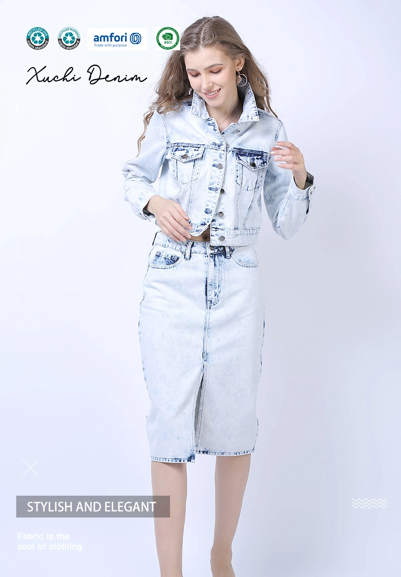 New Fashionable Women Clothing OEM&ODM Nice Bleached Color with Snow Wash Short Jackets with Long Sleeves Straight Fit Skirt Ladies Denim Suits Jeans